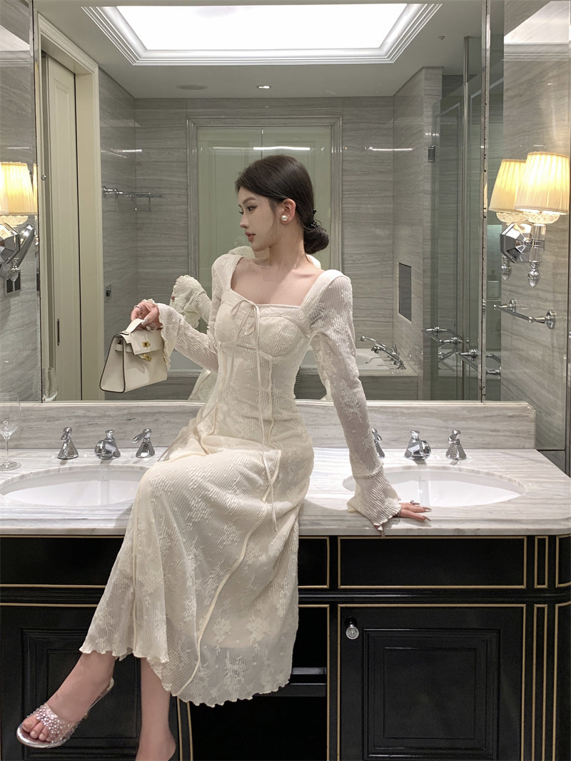 French elegant bow A-line long skirt white dress birthday dress ED0372