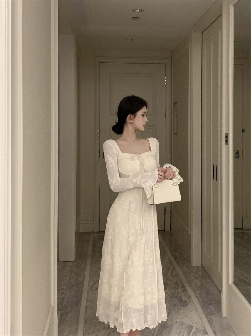 French elegant bow A-line long skirt white dress birthday dress ED0372