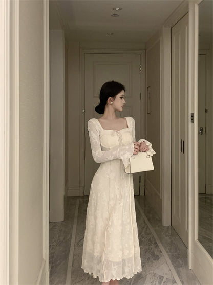 French elegant bow A-line long skirt white dress birthday dress ED0372