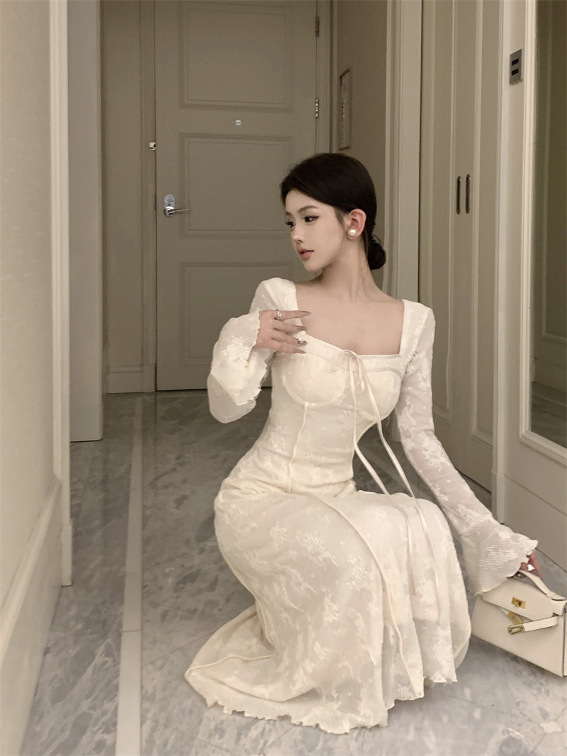 French elegant bow A-line long skirt white dress birthday dress ED0372