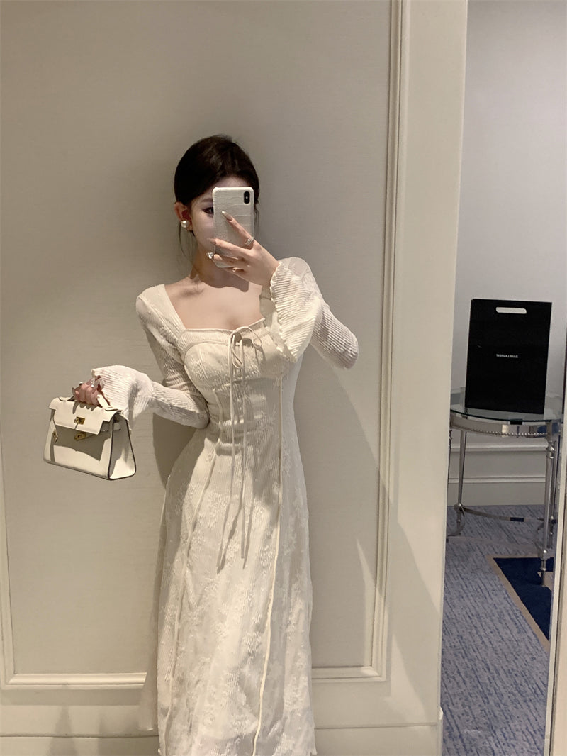 French elegant bow A-line long skirt white dress birthday dress ED0372