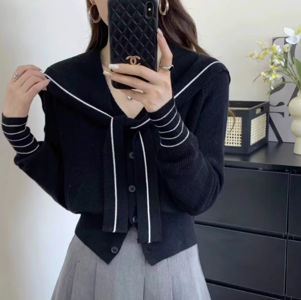 Chanel Navy Collar Shawl Knit Cardigan ED0384