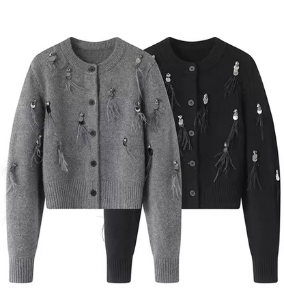 French Chanel style tassel sequined diamond feather women's long sleeve cardigan ED0385