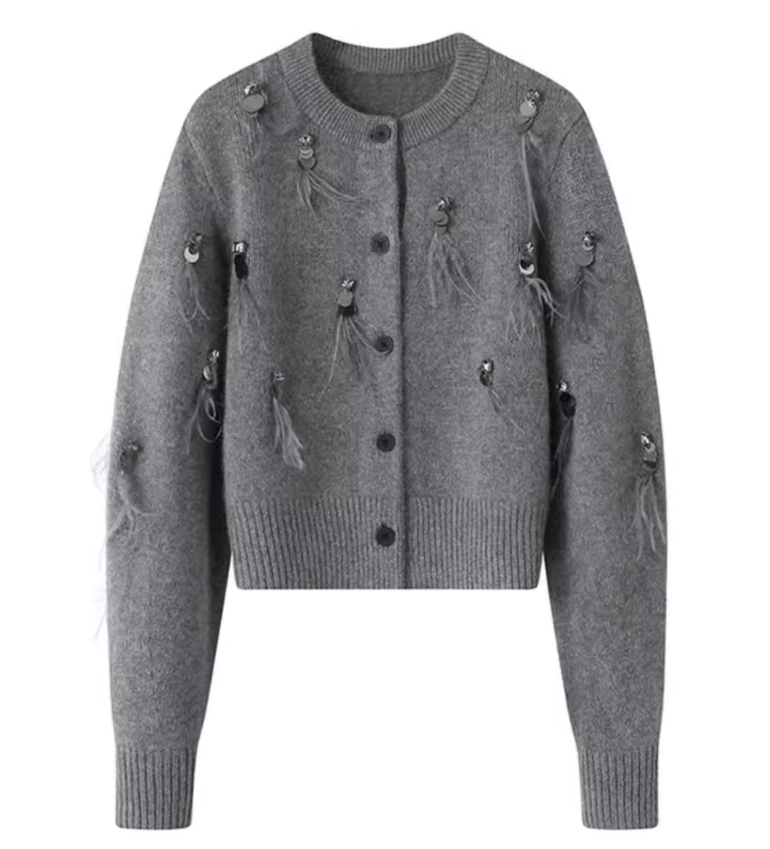 French Chanel style tassel sequined diamond feather women's long sleeve cardigan ED0385