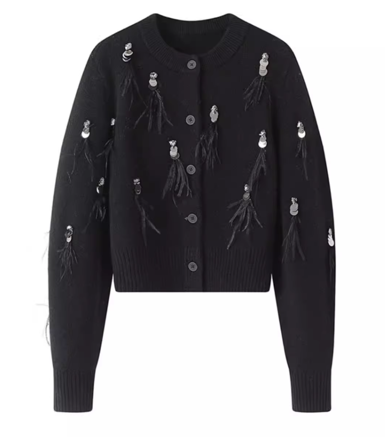 French Chanel style tassel sequined diamond feather women's long sleeve cardigan ED0385
