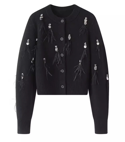 French Chanel style tassel sequined diamond feather women's long sleeve cardigan ED0385