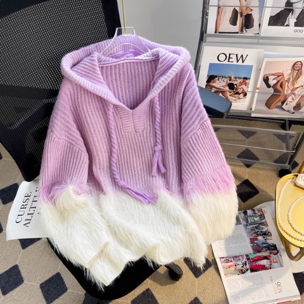 Faux mink velvet hooded knitted sweater ED0387