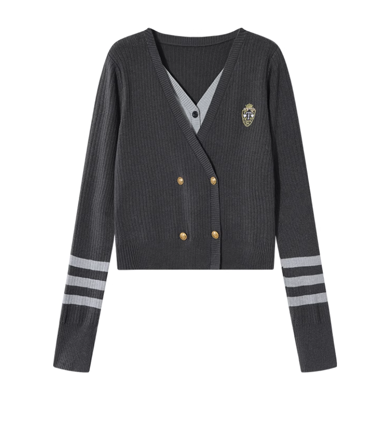 College style fake two-piece V-neck sweater ED0388