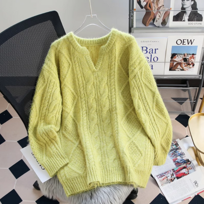 Mid-length V-neck thickened cable knit sweater  ED0390