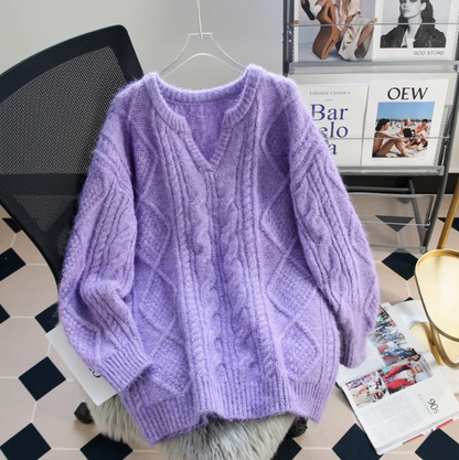 Mid-length V-neck thickened cable knit sweater  ED0390