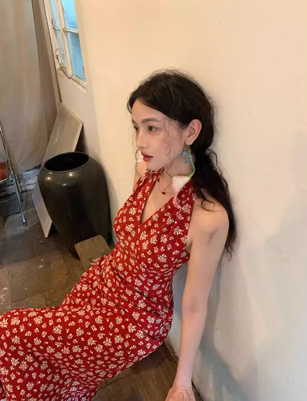 French Retro Floral Sleeveless Halter Dress ED0393