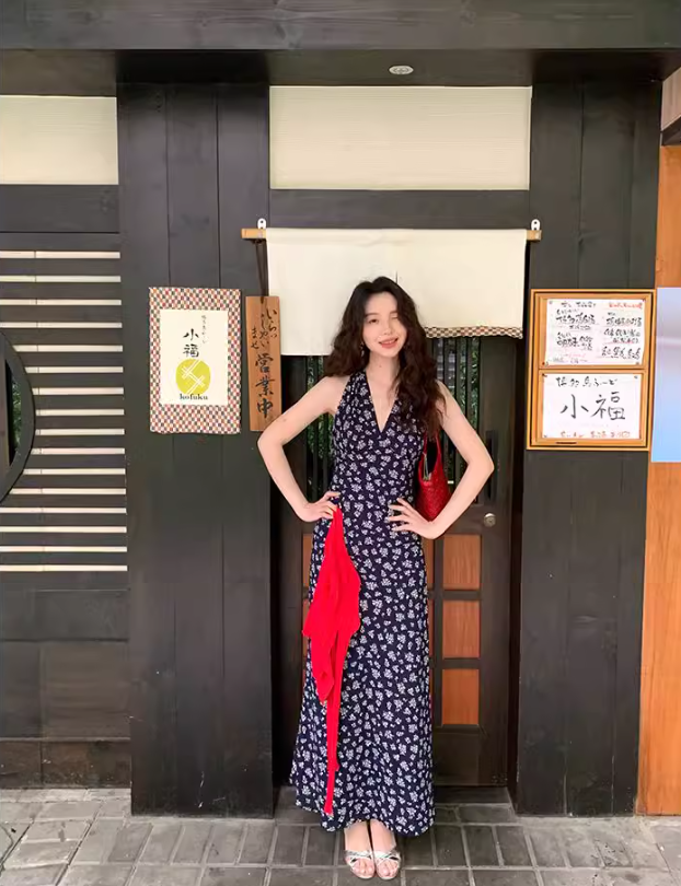 French Retro Floral Sleeveless Halter Dress ED0393