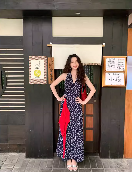 French Retro Floral Sleeveless Halter Dress ED0393