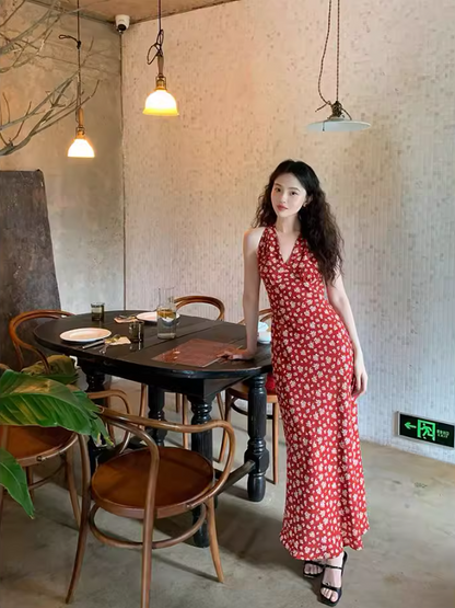 French Retro Floral Sleeveless Halter Dress ED0393