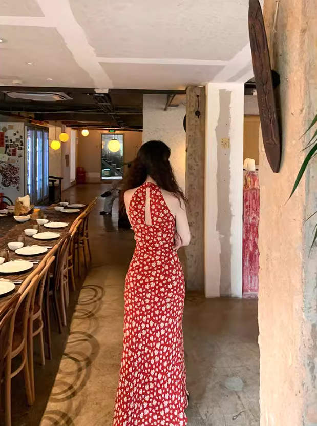 French Retro Floral Sleeveless Halter Dress ED0393