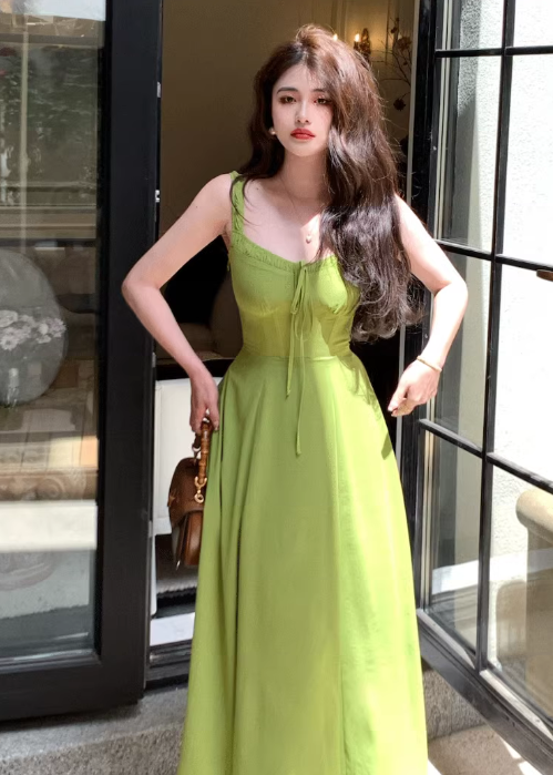 French retro avocado green sling tea dress ED0395