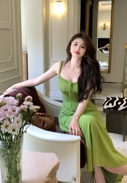 French retro avocado green sling tea dress ED0395