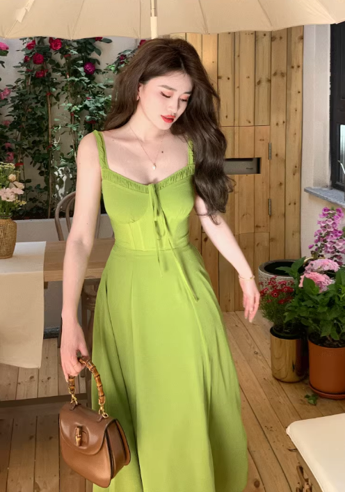French retro avocado green sling tea dress ED0395