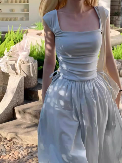 French Square Neck Beach Vacation Suspender Long Dress ED0397