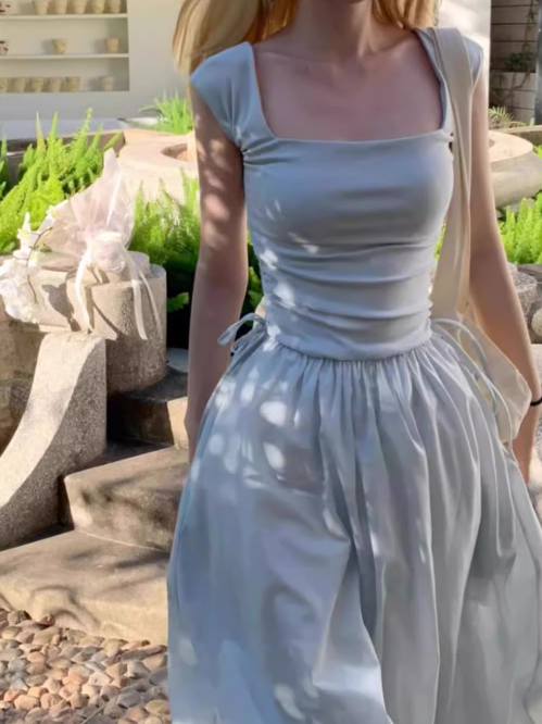 French Square Neck Beach Vacation Suspender Long Dress ED0397