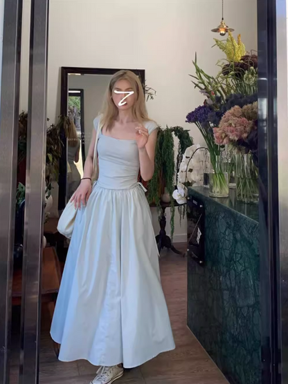 French Square Neck Beach Vacation Suspender Long Dress ED0397