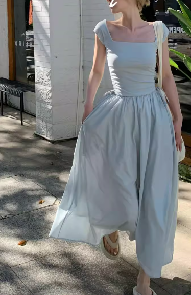 French Square Neck Beach Vacation Suspender Long Dress ED0397