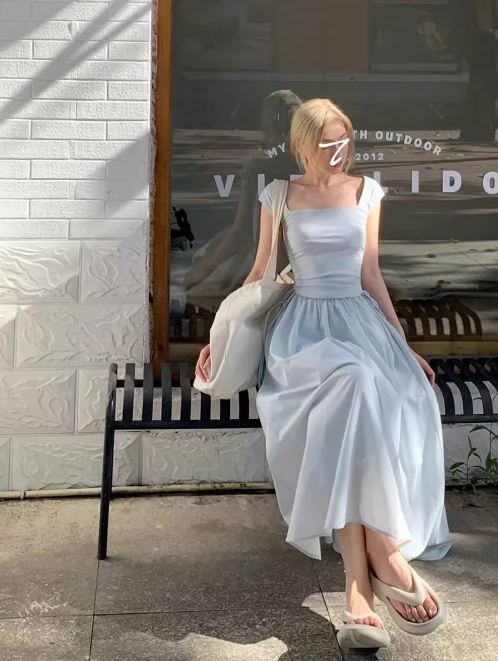 French Square Neck Beach Vacation Suspender Long Dress ED0397