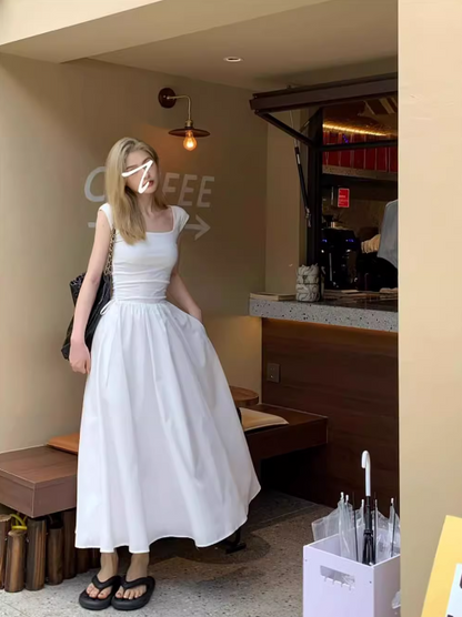 French Square Neck Beach Vacation Suspender Long Dress ED0397