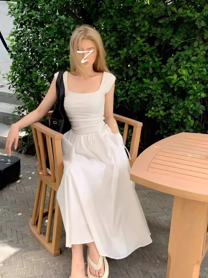 French Square Neck Beach Vacation Suspender Long Dress ED0397