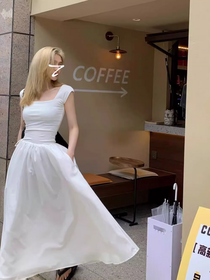 French Square Neck Beach Vacation Suspender Long Dress ED0397