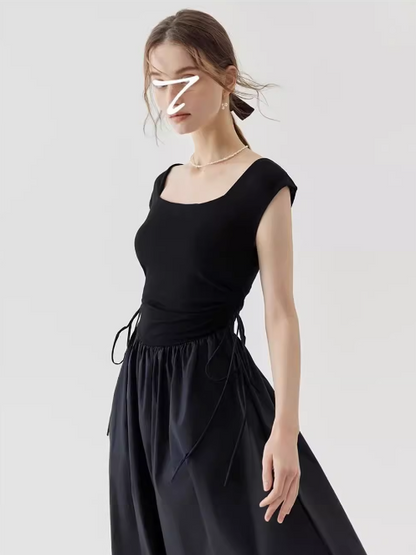 French Square Neck Beach Vacation Suspender Long Dress ED0397