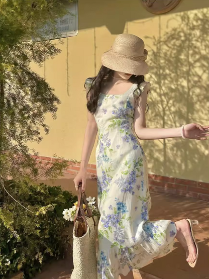 French retro pastoral style small flying sleeve floral long skirt ED0398