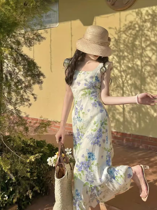 French retro pastoral style small flying sleeve floral long skirt ED0398