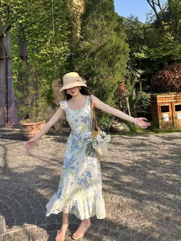 French retro pastoral style small flying sleeve floral long skirt ED0398