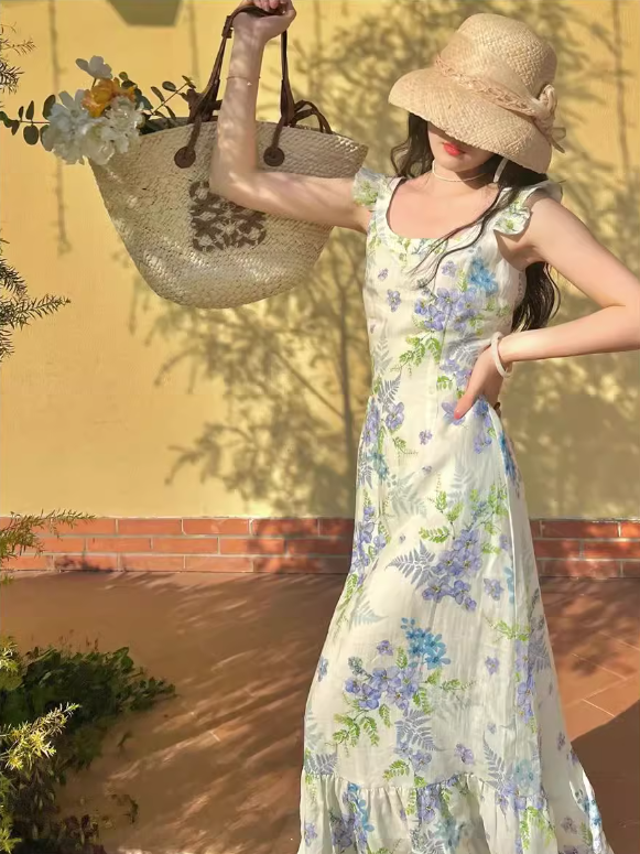 French retro pastoral style small flying sleeve floral long skirt ED0398