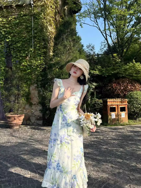 French retro pastoral style small flying sleeve floral long skirt ED0398