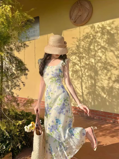 French retro pastoral style small flying sleeve floral long skirt ED0398