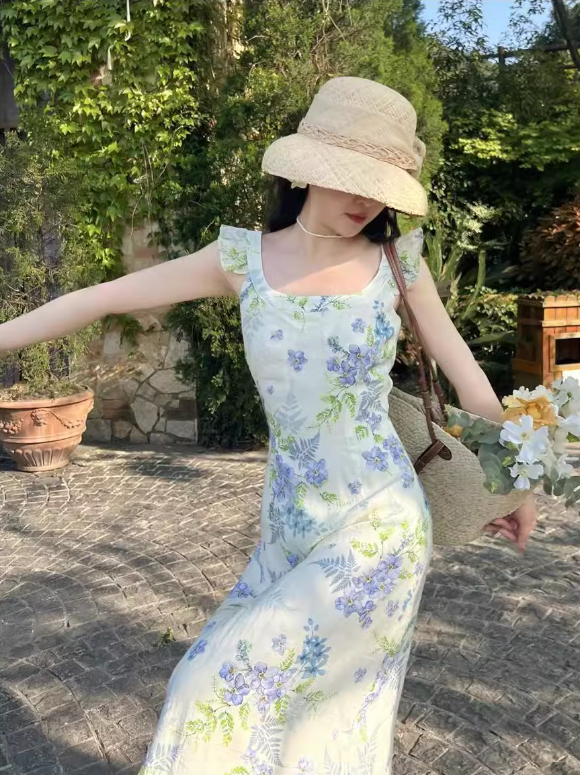 French retro pastoral style small flying sleeve floral long skirt ED0398