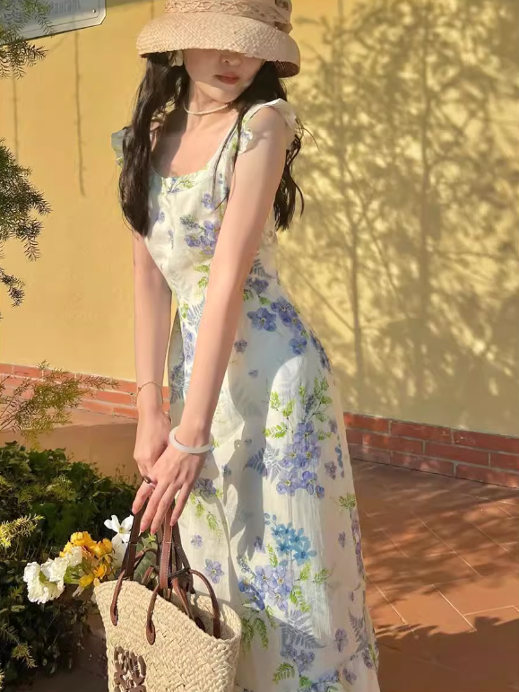 French retro pastoral style small flying sleeve floral long skirt ED0398