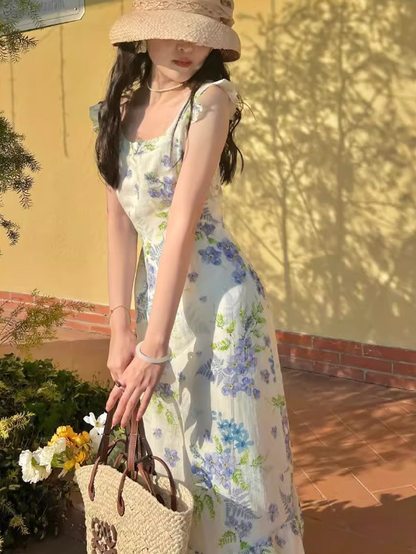 French retro pastoral style small flying sleeve floral long skirt ED0398