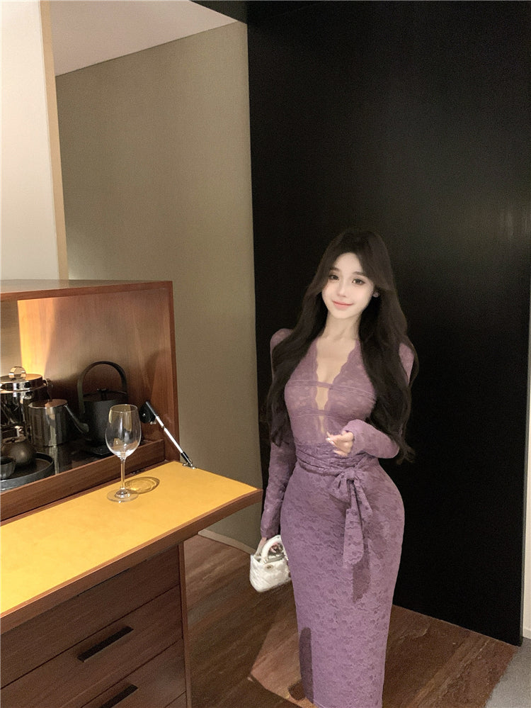 Sexy black lace long-sleeved slim-fit hip skirt ED0399