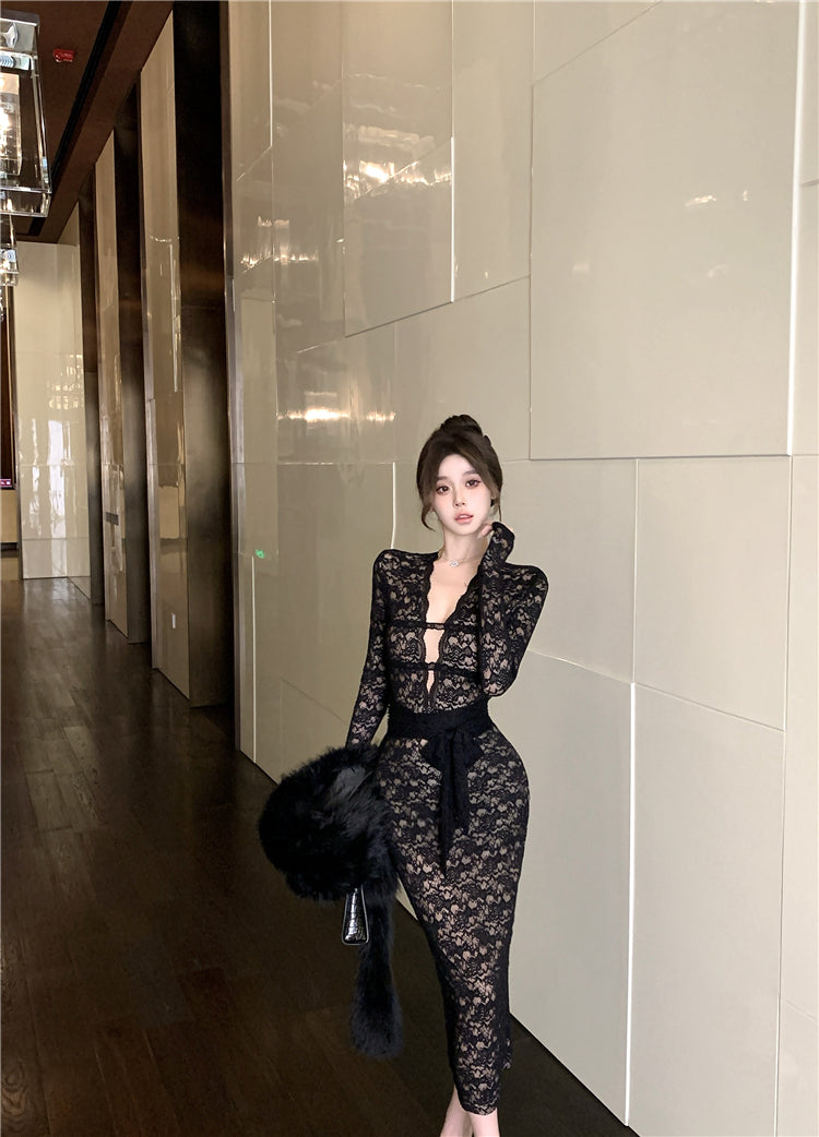 Sexy black lace long-sleeved slim-fit hip skirt ED0399