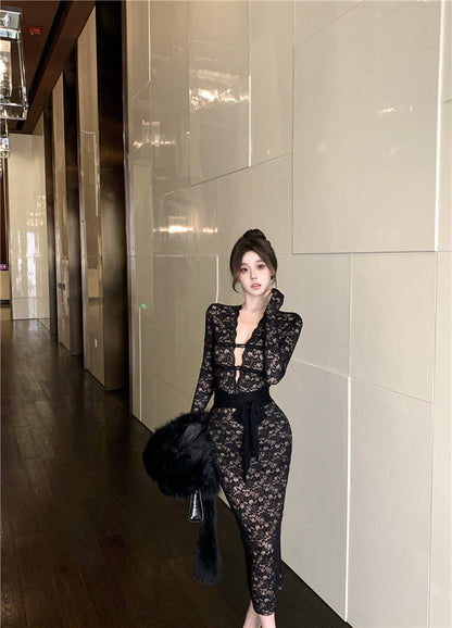 Sexy black lace long-sleeved slim-fit hip skirt ED0399