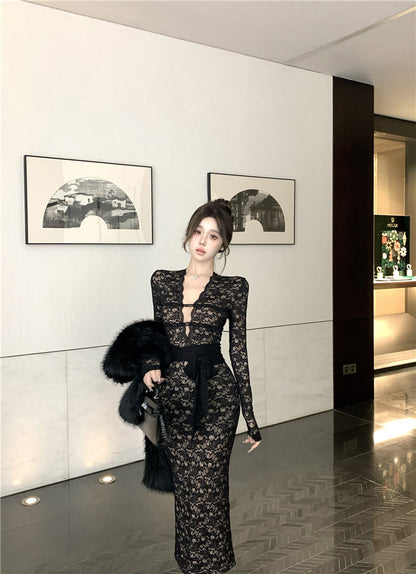 Sexy black lace long-sleeved slim-fit hip skirt ED0399