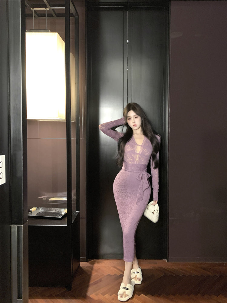 Sexy black lace long-sleeved slim-fit hip skirt ED0399