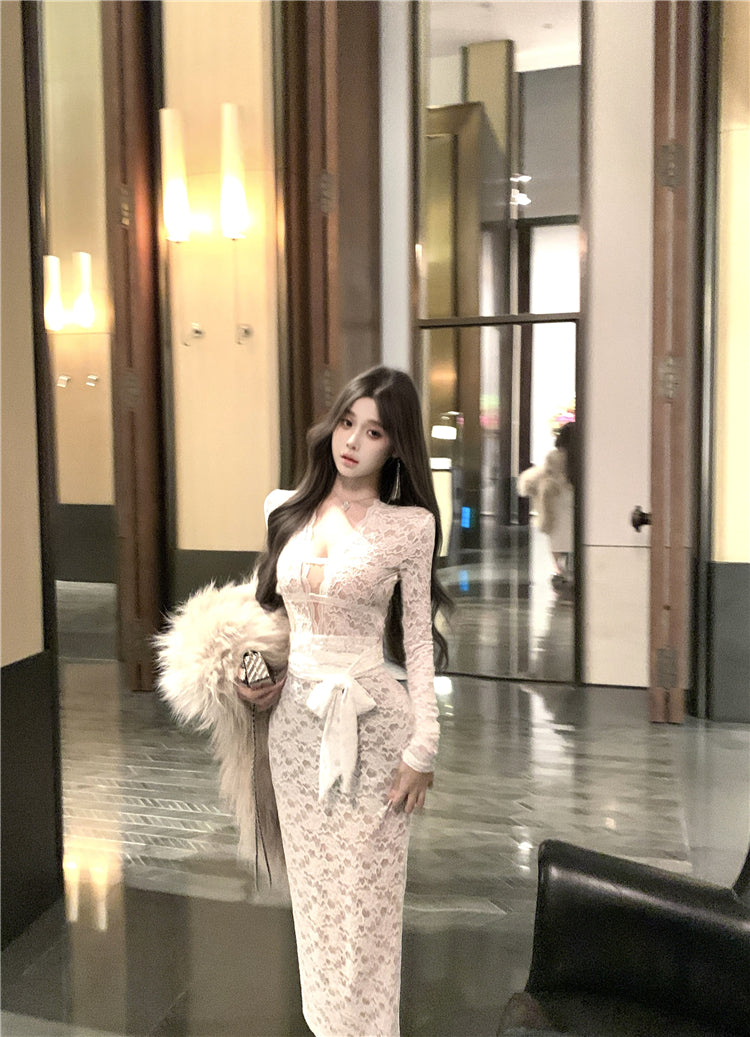 Sexy black lace long-sleeved slim-fit hip skirt ED0399