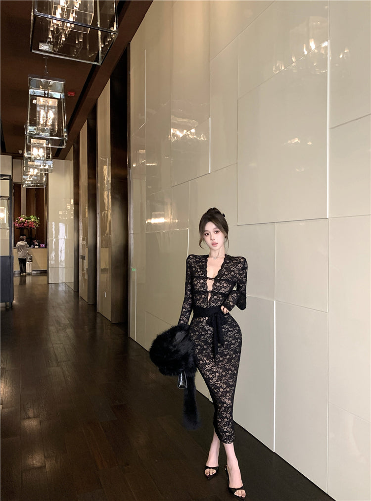 Sexy black lace long-sleeved slim-fit hip skirt ED0399