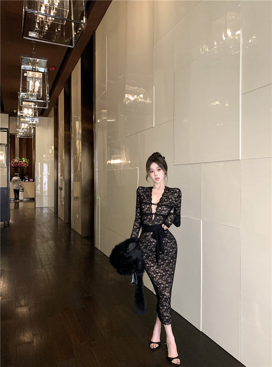 Sexy black lace long-sleeved slim-fit hip skirt ED0399