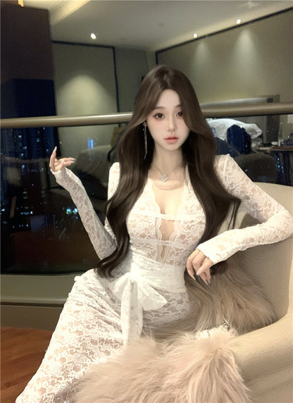 Sexy black lace long-sleeved slim-fit hip skirt ED0399