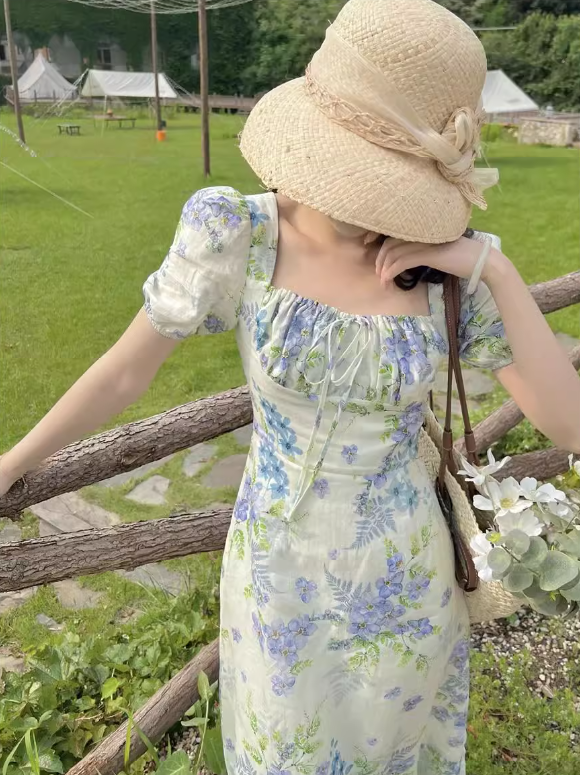 French floral pastoral style puff sleeve square neck dress ED0401
